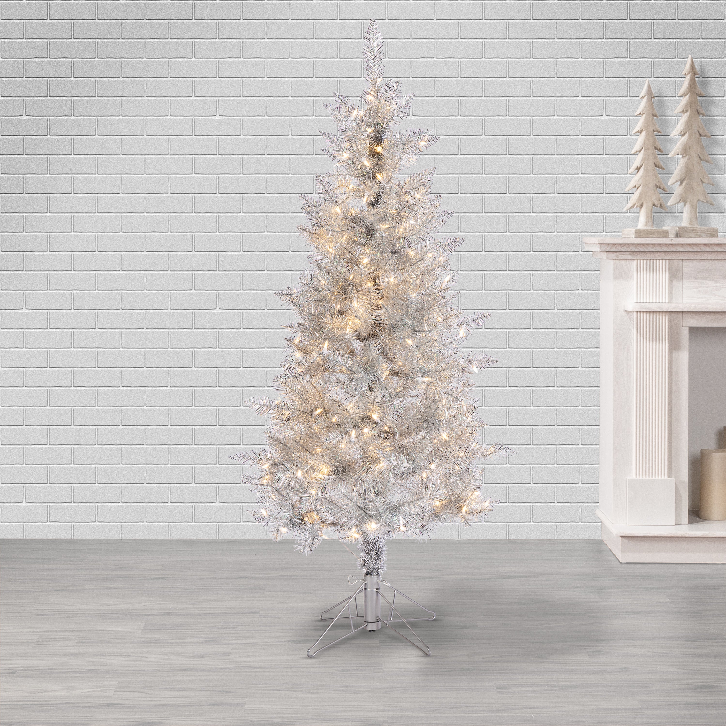 Sterling Elegant 5 Foot Slim Silver Tinsel Tree with Warm White LED Lights